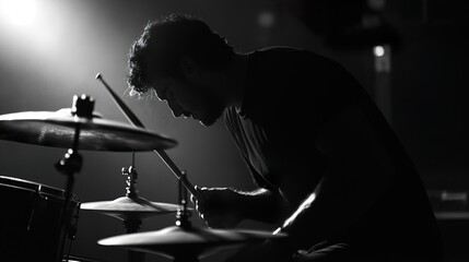 Drummer Silhouette: Passionate Performance in Black and White