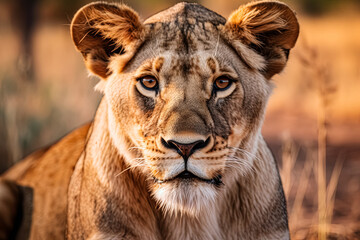 Lion is staring at the camera with its mouth open.