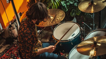 Obraz premium Drummer Playing Drums in Studio - Musical Performance