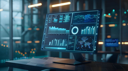 Renewable energy data analysis on digital monitor at solar and wind power plant. Sustainable development and green technology concept. Digitalization of the energy sector with copy space 