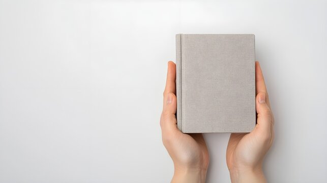Hands holding a blank book against a white background