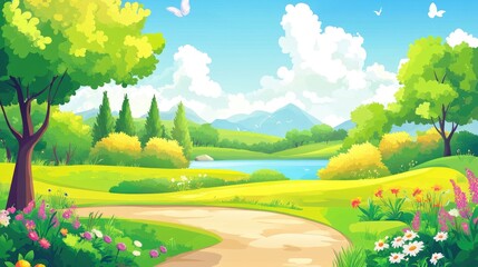 Fototapeta premium A Scenic Landscape with a Winding Path, a Lake, and Lush Green Trees