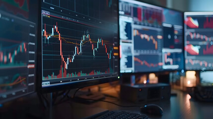 Stock market trading platform charts exchange graphs on pc computer screen. Financial technology online investment data digital money prices indexes crypto analysis and forecast background