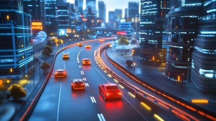 Obraz premium Autonomous vehicles securely navigating a smart city, with encrypted communication between traffic control systems and the vehicles.