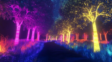 Stunning neon forest scene with vibrant pink, purple, and yellow illuminated trees lining a serene pathway at night.