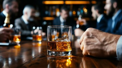 Close-up of a businessman giving a presentation, a glass of whiskey in hand, as the team drinks and discusses strategies around a table filled with bottles