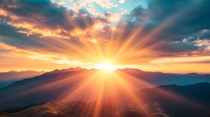 Bold motivational quote over a high-energy sunrise, with dynamic light beams shining over mountains, creating a sense of hope and power.