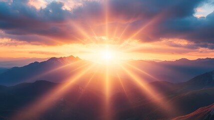 Obraz premium Bold motivational quote over a high-energy sunrise, with dynamic light beams shining over mountains, creating a sense of hope and power.