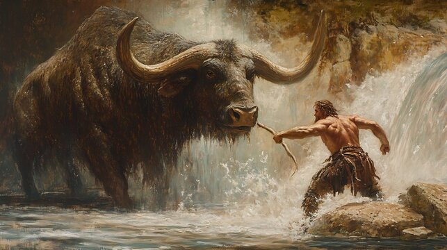 Primitive Man Taming a Powerful Aurochs.