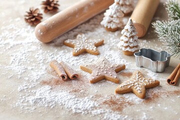 A festive holiday baking scene with gingerbread cookies shaped as stars and trees, sprinkled with cinnamon and sugar, on a flour-dusted counter with rolling pin and cookie cutters