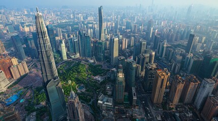 Fototapeta premium An aerial view of a modern city skyline with tall skyscrapers, a park, and a hazy sky.