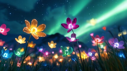 Vibrant fantasy flowers under a dazzling aurora borealis sky, creating a magical and surreal nighttime landscape full of color and wonder.