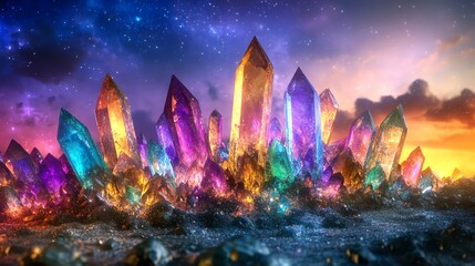 Vivid, multicolored crystal landscape under a starry sky, showcasing brilliance and color in a mystical fantasy setting.