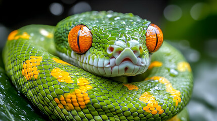 Obraz premium A vibrant green snake with orange eyes resting on a leaf.