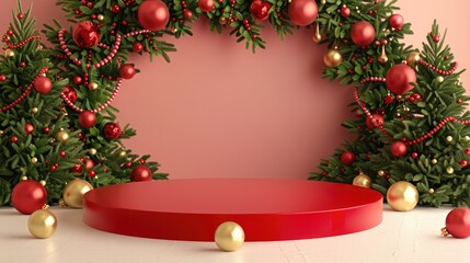 Red Christmas Podium with Green Pine Branches and Ornaments