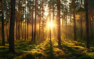 Sunset in the pine forest. Beautiful landscape. Nature composition.