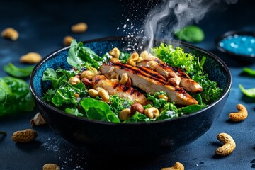 Watercolor depiction of a colorful keto salad with leafy greens, nuts, and grilled chicken, with soft brushstrokes symbolizing health and vitality