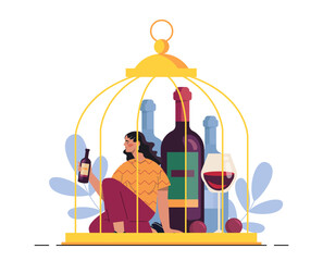 Woman with alcoholism. Young girl with glasses and bottle of alcoholic drinks in cage. Negative feelings, depression and frustration. Person with alcoholic addiction. Flat vector illustration
