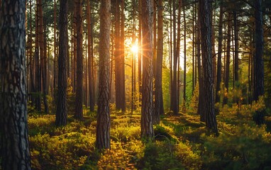 Fototapeta premium Sunset in the pine forest. Beautiful landscape. Nature composition.