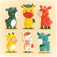 Fototapeta premium Group of cartoon cows are standing in a row, with one of them being a giraffe