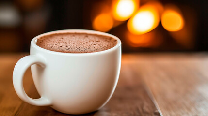 Fototapeta premium Close-up of a white cup on a table with a lit fireplace in the background