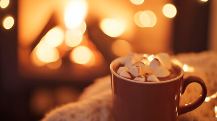 Close-up of a cup with chocolate and bonbons, with a lit fireplace in the background