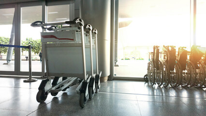 baggage travel suitcase transportation aeradrome passenger airport handler journey luggage bag service arrival safety terminal security tourist wheelchair treatment healthcare physical support patient