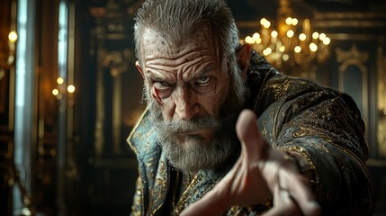 Fototapeta premium Close-up of a farmer in tattered clothing, nervously presenting agricultural plans in a grand, opulent boardroom, surrounded by gold-trimmed walls and crystal chandeliers