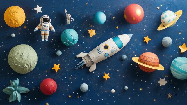 Paper craft rocket, planets and astronaut in outer space on blue starry background.