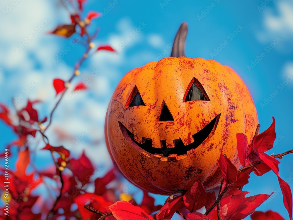 Sticker Halloween themed jack o lantern pumpkin with a scary smiling face decoration next to a red artificial plant against a blue sky background showcasing an orange pumpkin head