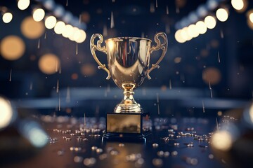 A photorealistic image of a gleaming gold trophy sitting on a dark surface. 