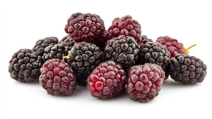 Ripe black mulberries, isolated on a white background, detailed and vibrant