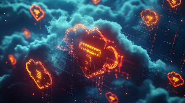 Encrypted data traveling through a secure cloud, with multiple layers of encryption represented by glowing shields.