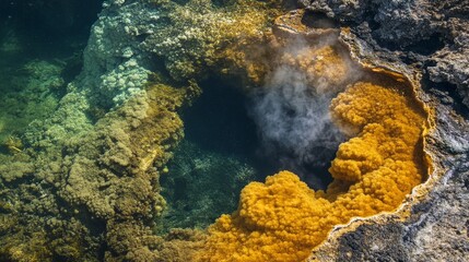 Obraz premium Extremophiles in a volcanic hot spring, showing microbes thriving in extreme temperatures and acidic environments.