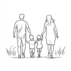 Family quote with a simple line art illustration of parents and children walking together, symbolizing unity and love.