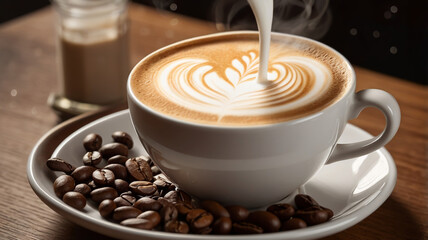 Barista Pouring Latte Art with Fresh Coffee Beans