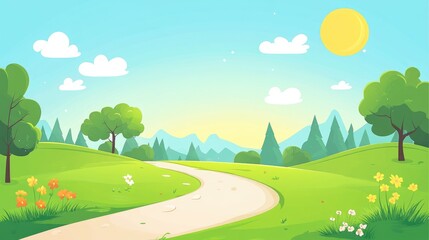 Obraz premium Winding Path Through Lush Green Landscape with a Bright Sun