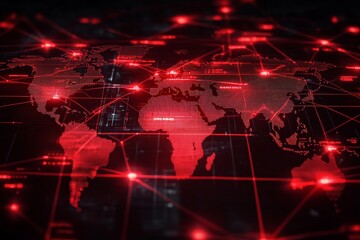 Fototapeta premium Global cyber attack concept with red lines connecting various points on a digital world map, showing multiple hacking attempts.