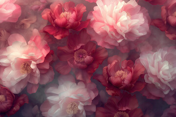 Obraz premium flowers arrangement of red and light pink blooming peonies, illuminated by soft lighting creating dreamy atmosphere, photorealistic