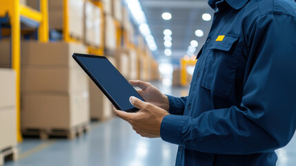 Close-up of a warehouse worker in uniform using a tablet to manage inventory and logistics in a large distribution center.