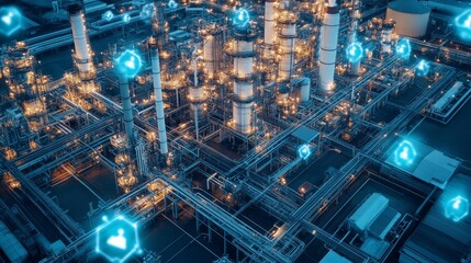 Industrial cybersecurity solutions protecting a large manufacturing plant, with encrypted communication between industrial systems.