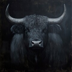 Naklejka premium Black Bull Portrait: A Striking Animal Painting