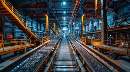 Conveyor belts in a large-scale industrial factory with heavy machinery handling bulk materials, showcasing the work environment