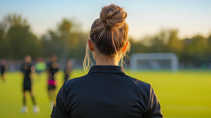 A woman observes a soccer practice on a sunny field.