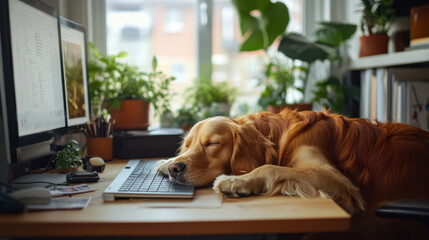 cozy home office scene featuring golden retriever sleeping peacefully under cluttered desk surrounded by plants. warm atmosphere evokes sense of comfort and tranquility