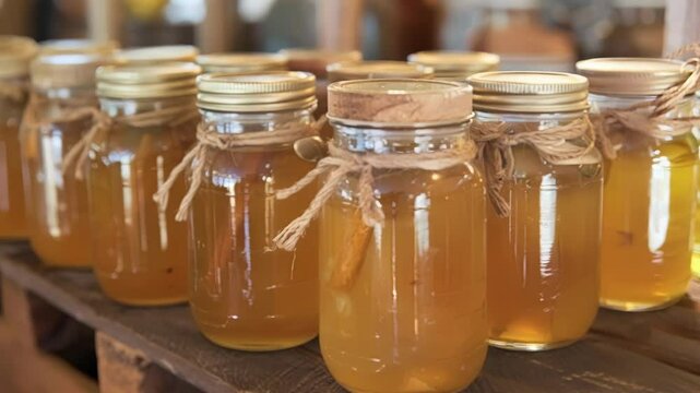 Several glass mason jars with lids are filled with kombucha and spices, sitting on a shelf waiting to be purchased at a market