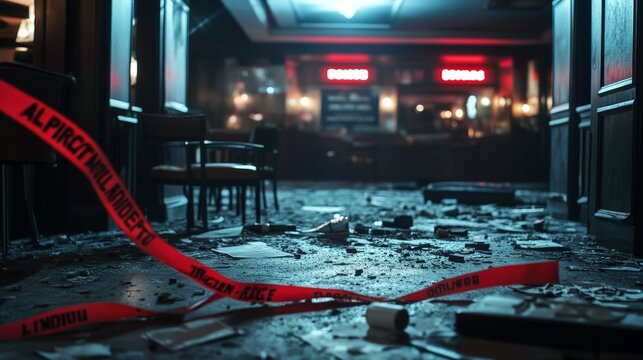 The aftermath of a bank robbery, with police tape and evidence markers, creating a detailed crime scene.