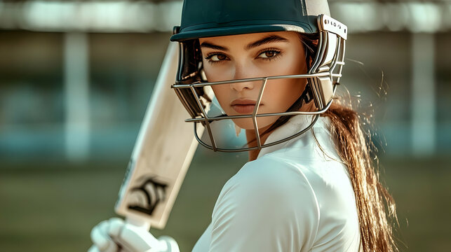 A young female cricketer poised with bat and helmet on the field.