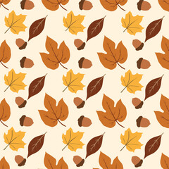 seamless pattern of autumn leaves and acorns in shades of brown, orange, and yellow on a beige background. vector, illustration, background.