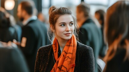 Businesswoman networking and collaborating with colleagues at a corporate conference event discussing strategies ideas and new opportunities for growth and success in the industry